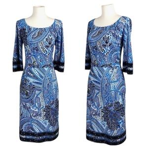 Tahari Blue Paisley Sheath Dress | Size 6P 6 Petite